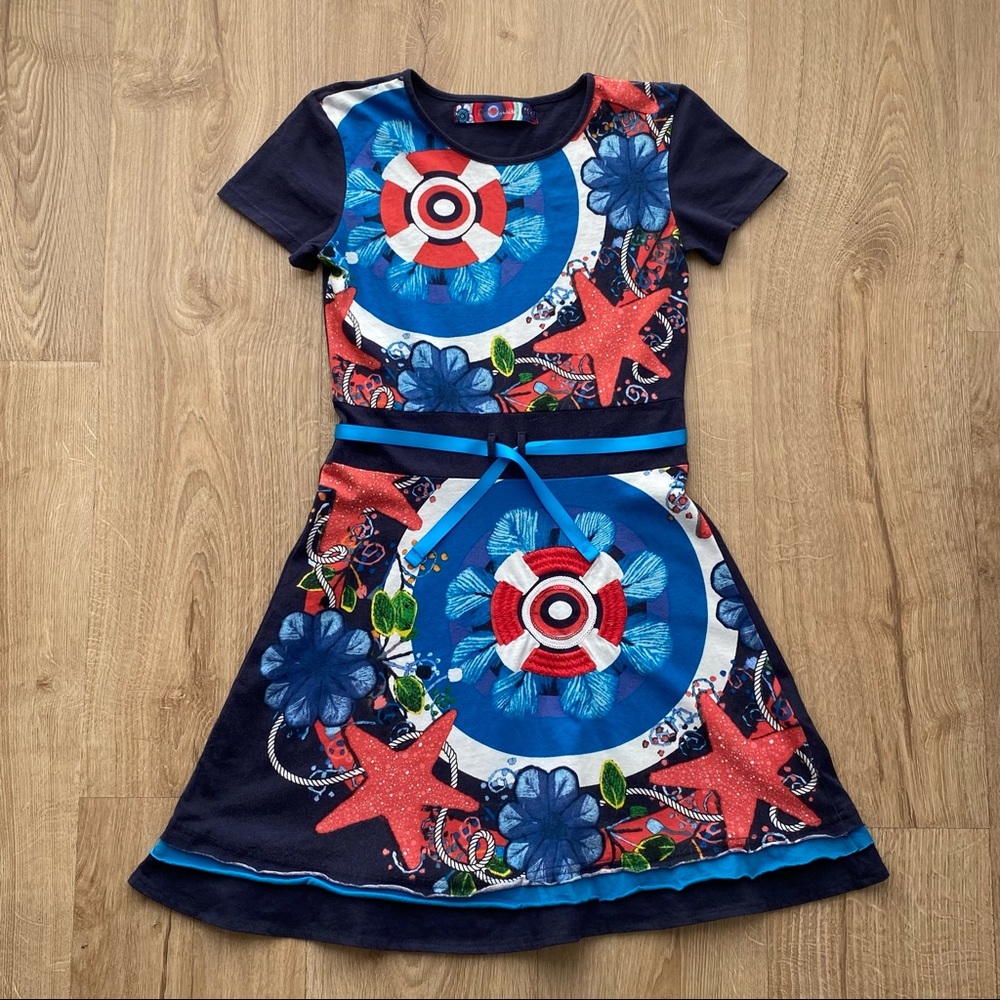Desigual Spain Girls Nautical Pattern Dress w/ Ribbon Belt and Embroidery 11-12Y